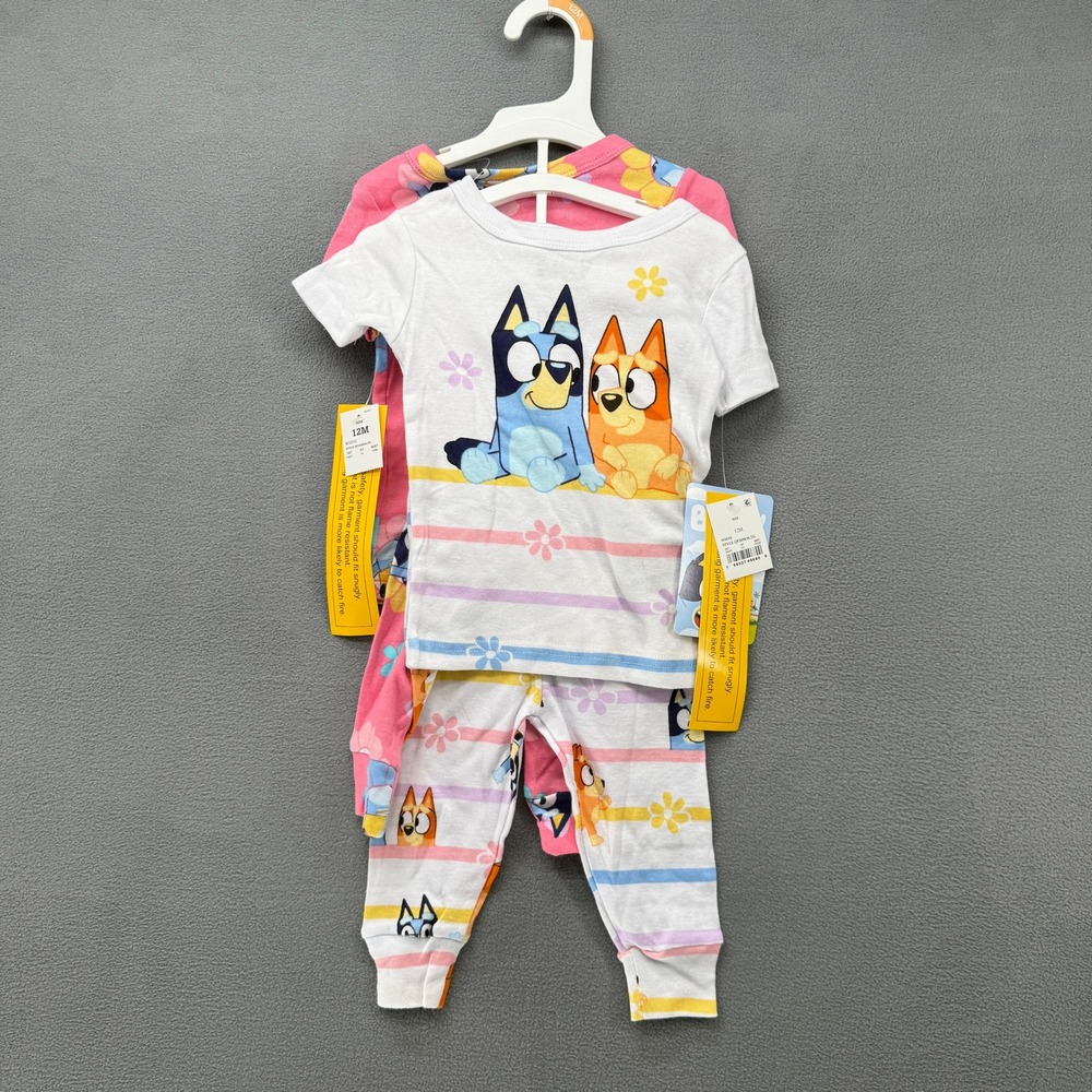 Bluey Bingo Girls 2 Set 4 Piece Pajama White Pink Floral Striped 12M